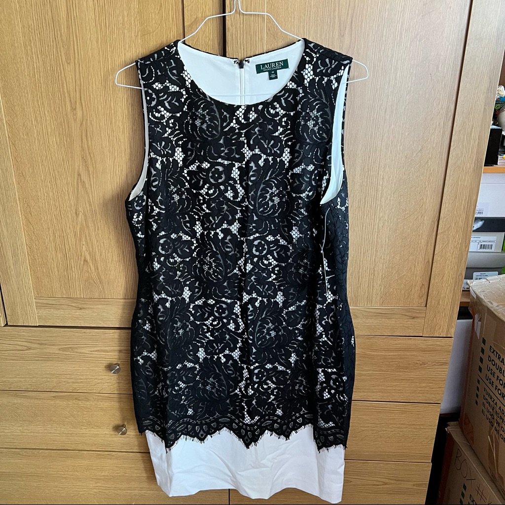 Brand New Lauren By Ralph Lauren White  Black Lace Dress Bnwt